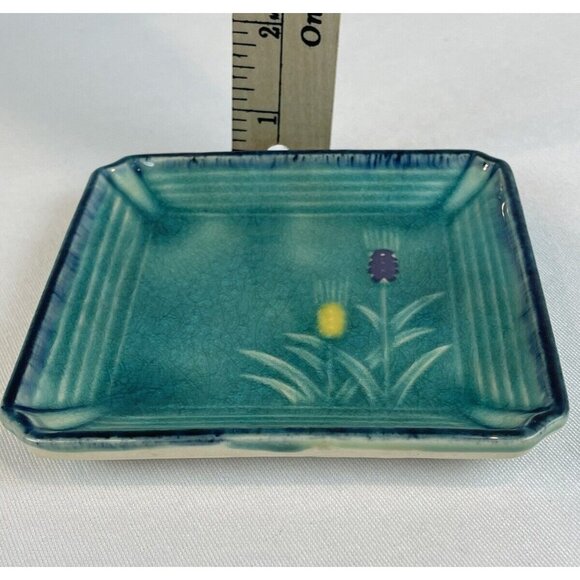 Turquiose Blue Mugi Plate Trinket Dish Small 4.5in Square Flowers Vintage Look J - Picture 6 of 6